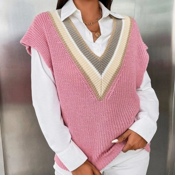 Colorblock Striped Trim V-neck Sweater Vest Pink - Picture 6 of 6